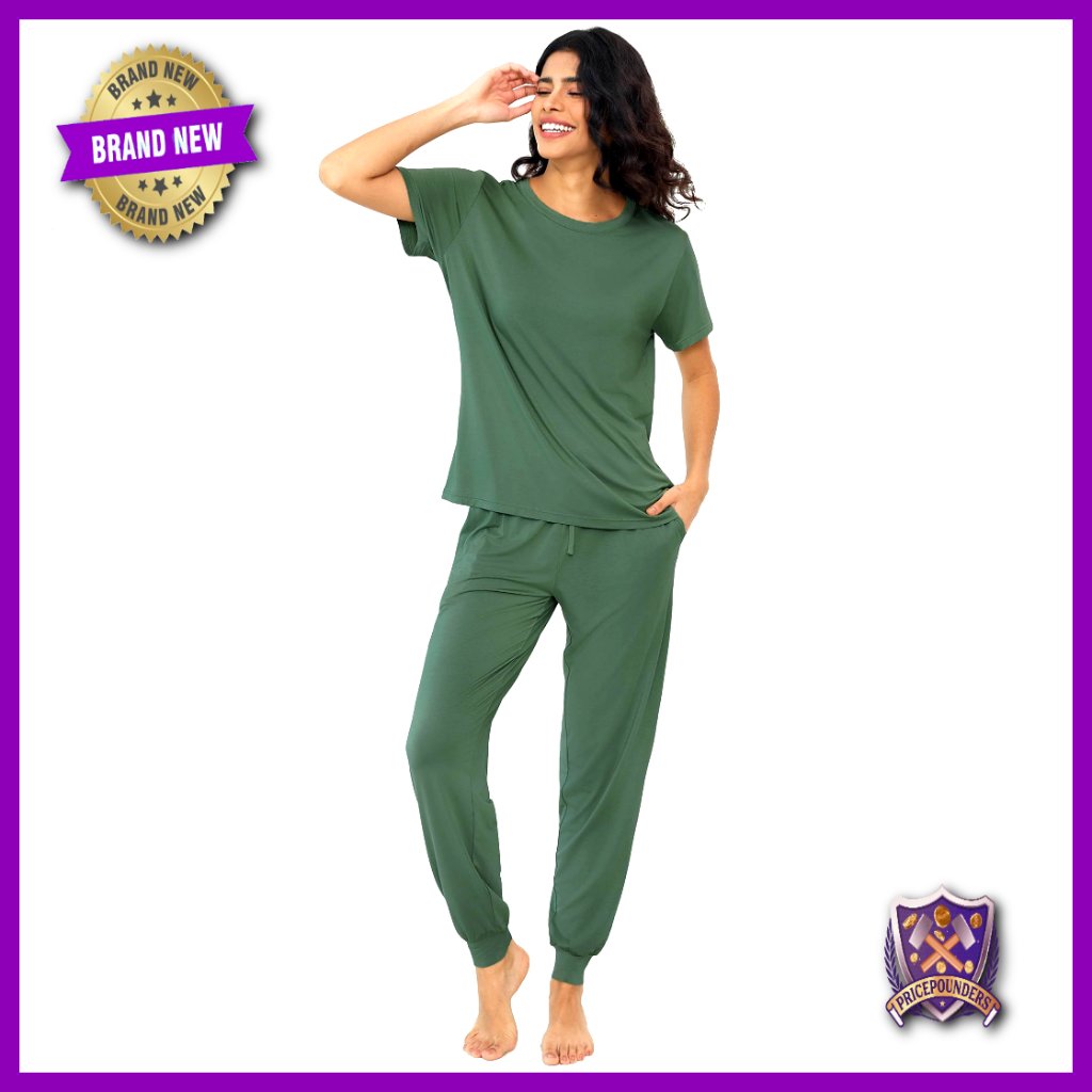 Bamboo Viscose Pajama Set Short Sleeve Top Jogger Pants Pocket S-Xxl